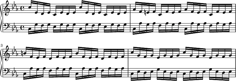 
{
      <<
      \new PianoStaff <<
        \new Staff \relative c'' {
           \clef treble \key c \minor \time 4/4
           \set Score.tempoHideNote = ##t \tempo 4 = 116
           c16 es, d es c es d es c' es, d es c es d es |
           as16 f e f c f e f as f e f c f e f |
           b16 f es f d f es f b f es f d f es f |
           c'16 g f g es g f g c g f g es g f g |
            }
        \new Staff \relative c {
           \clef bass \key c \minor \time 4/4
           c16 g' f g es g f g c, g' f g es g f g |
           c,16 as' g as f as g as c, as' g as f as g as |
           c,16 as' g as f as g as c, as' g as f as g as |
           c,16 es d es g es d es c es d es g es d es |
           } >>
    >>  }
