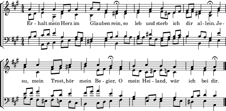 
\header { tagline = " " }
\layout { indent = 0 \context { \Score \remove "Bar_number_engraver" } }
global = { \transposition b \key a \major \numericTimeSignature \time 4/4 \set Score.tempoHideNote = ##t \set Timing.beamExceptions = #'() }
\score {
  \new ChoirStaff <<
    \new Staff
    <<
      \new Voice = "soprano" { \voiceOne
        \relative c'' { \global
          \partial 4 a4 |
          a a fis8 gis a4 | b8 a gis4 fis\fermata fis |
          gis a b e,8 fis | gis a fis4 e\fermata b' |
          cis cis a8 b cis4 | d cis b\fermata a |
          b cis b a | a gis a\fermata \bar "|."
        }
      }
      \new Voice = "alto" { \voiceTwo
        \relative c' { \global
          \partial 4 cis8 d |
          e4 a, d cis | b e dis dis |
          e fis fis8 dis e4 | e8 fis dis4 b gis' |
          a cis, fis8 gis ais4 | b e,8 fis gis4 fis |
          e8 d cis dis e d cis4 | fis e e
        }
      }
    >>
    \new Lyrics \lyricsto "soprano" {
      Er -- halt mein Herz _ im Glau -- _ ben rein,
      so leb und sterb ich _ dir _ al -- lein.
      Je -- su, mein Trost, _ hör mein Be -- gier,
      O mein Hei -- land, wär ich bei dir.
    }
    \new Staff
    <<
      \clef bass
      \new Voice = "tenor" { \voiceOne
        \relative c' { \global
          \partial 4 a8 b |
          cis d e4 a, a8 gis | fis4 gis8 a b4 b |
          b dis gis,8 a b cis | b4 b8 a gis4 e' |
          e8 fis gis4 cis,8 d e4 | fis8 gis a4 e cis |
          b e,8 fis gis4 a | b8 cis d4 cis
        }
      }
      \new Voice = "bass" { \voiceTwo
        \relative c' { \global
          \partial 4 a4 |
          a,8 b cis4 d8 e fis e | dis4 e b  b'8 a |
          gis a gis fis e fis gis a | b4 b, e e |
          a8 gis fis eis fis e d cis | b4 cis8 d e4 fis |
          gis a e fis8 e | dis4 e a,
        }
      }
    >>
  >>
  \layout { }
}
\score {
  \new ChoirStaff <<
    \new Staff \with { midiInstrument = "choir aahs" }
    <<
      \new Voice = "soprano" { \voiceOne
        \relative c'' { \global
          \tempo 4=76
          \partial 4 a4 |
          a a fis8 gis a4 | b8 a gis4 \tempo 4=60 fis8 r8 \tempo 4=76 fis4 |
          gis a b e,8 fis | gis a fis4 \tempo 4=60 e8 r8 \tempo 4=76 b'4 |
          cis cis a8 b cis4 | d cis \tempo 4=60 b8 r8 \tempo 4=76 a4 |
          b cis b a | \tempo 4=60 a \tempo 4=44 gis \tempo 4=24 a r
        }
      }
      \new Voice = "alto" { \voiceTwo
        \relative c' { \global
          \partial 4 cis8 d |
          e4 a, d cis | b e dis8 r8 dis4 |
          e fis fis8 dis e4 | e8 fis dis4 b8 r8 gis'4 |
          a cis, fis8 gis ais4 | b e,8 fis gis8 r8 fis4 |
          e8 d cis dis e d cis4 | fis e e r
        }
      }
    >>
    \new Staff \with { midiInstrument = "choir aahs" }
    <<
      \clef bass
      \new Voice = "tenor" { \voiceOne
        \relative c' { \global
          \partial 4 a8 b |
          cis d e4 a, a8 gis | fis4 gis8 a b8 r8 b4 |
          b dis gis,8 a b cis | b4 b8 a gis r e'4 |
          e8 fis gis4 cis,8 d e4 | fis8 gis a4 e8 r8 cis4 |
          b e,8 fis gis4 a | b8 cis d4 cis r
        }
      }
      \new Voice = "bass" { \voiceTwo
        \relative c' { \global
          \partial 4 a4 |
          a,8 b cis4 d8 e fis e | dis4 e b8 r8 b' a |
          gis a gis fis e fis gis a | b4 b, e8 r8 e4 |
          a8 gis fis eis fis e d cis | b4 cis8 d e r fis4 |
          gis a e fis8 e | dis4 e a, r
        }
      }
    >>
  >>
  \midi { }
}
