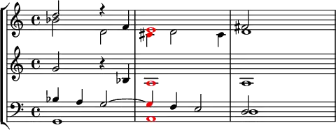 
    { 
      \override Score.SpacingSpanner.strict-note-spacing = ##t
      \set Score.proportionalNotationDuration = #(ly:make-moment 1/8)
    << \new StaffGroup <<
        \new Staff <<
            \new Voice \relative c'' {
                \clef treble \time 4/4 \key c \major
                \voiceOne d2 r4 f, \once \override NoteHead.color = #red e1 fis2
                }
            \new Voice \relative c'' {
                \clef treble \time 4/4 \key c \major
                \voiceTwo bes2 d, \once \override NoteHead.color = #red cis4 d2 cis4 d1
                }
            >>
        \new Staff <<
            \new Voice \relative c'' {
                \clef treble \time 4/4 \key c \major
                \stemUp g2 r4 bes, \once \override NoteHead.color = #red a1 a
                }
            >>
        \new Staff <<
            \new Voice \relative c' {
                \clef bass \time 4/4 \key c \major
                \voiceOne bes4 a g2~ \once \override NoteHead.color = #red g4 f e2 d
                }
            \new Voice \relative c {
                \clef bass \time 4/4 \key c \major
                \voiceTwo g1 \once \override NoteHead.color = #red a d
                }
            >>
    >>
>> }
