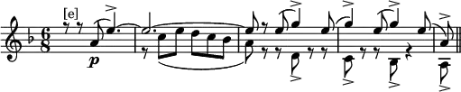 \relative c''{\set Score.tempoHideNote = ##t \tempo 2. = 100 \key f \major \time 6/8 <<{r8^"[e]" r a(\p e'4.->)~ e2.~e8 r e( g4->) e8( g4->) e8( g4->) e8( a,->)}\\{\hideNotes r2. \unHideNotes r8 c (e d c bes a) r r d,-> r r c-> r r bes-> r4 a8->}>> \bar "||"}