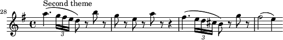 \layout { \set Score.tempoHideNote = ##t line-width = 14\cm }
\relative c''' {
\set Staff.midiInstrument = #"string ensemble 1"
\tempo 4 = 148
\key g \major
\time 4/4
\override Score.BarNumber.break-visibility = ##(#f #f #t)
\set Score.currentBarNumber = #28 \bar ""
a4.^"Second theme" (\tuplet 3/2 { g16 fis e } d8) r b' r | g r e r a r r4 | fis4. (\tuplet 3/2 { e16 d cis } b8) r g' r | fis2 (e4)
}