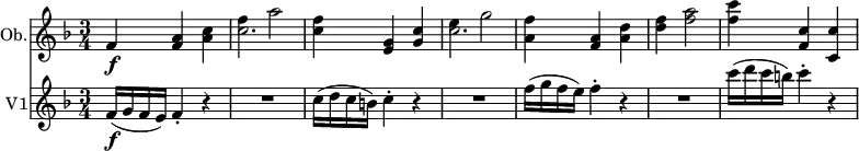 
<< 
  \new Staff \with { instrumentName = #"Ob." midiInstrument = "oboe"}  
  \relative c'' { \set Score.tempoHideNote = ##t \tempo 4 = 132
    \key f \major
    \tempo "Allegro"
    \time 3/4
     f,4 \f <f a> <a c>
     << \relative  {f'' a2} \relative {c''2.} >> 
     <c f>4 <e, g> <g c> 
     << \relative  {e'' g2} \relative {c''2.} >>
     <a f'>4 <f a> <a d>
     <d f> <f a>2
     <f c'>4 <f, c'> <c c'>
  }
  \new Staff \with { instrumentName = #"V1" midiInstrument = "string ensemble 1"}
  \relative c' {
  \version "2.18.2"
  \tempo "Allegro"
  \key f \major
  \time 3/4
  f16\f (g f e) f4-. r |
  R1*3/4 |
  c'16( d c b) c4-. r |
  R1*3/4 |
  f16( g f e) f4-. r |
  R1*3/4 |
  c'16( d c b) c4-. r |
}
>>
