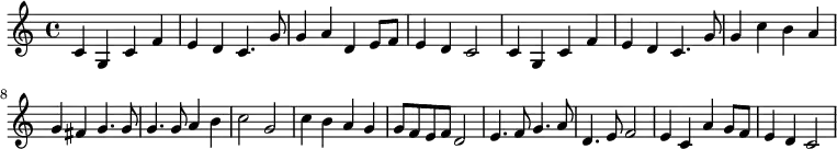 \relative c' { c g c f e d c4. g'8 g4 a d, e8 f8 e4 d c2 c4 g c f e d c4. g'8 g4 c b a g fis g4. g8 g4. g8 a4 b c2 g c4 b a g g8 f e f d2 e4. f8 g4. a8 d,4. e8 f2 e4 c a' g8 f e4 d c2}
