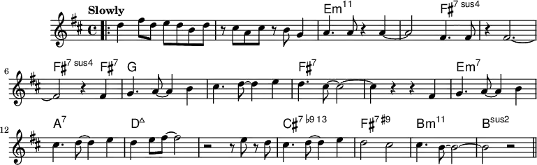 
\version "2.22.0"

\header { tagline = "" }

global = {
  \time 4/4
  \key d \major
  \set Score.tempoHideNote = ##t
  % The Real Book says "Slowly", so it is reproduced here.
  % The MIDI tempo, however, is set to the speed of Chick
  % Corea's recordings; that is, quarter note at 230 BPM.
  \tempo "Slowly" 4=230
  \set chordChanges = ##t
}

chordNames = \transpose c c, \chordmode {
  \global
  s1 |
  s1 |
  e1:m11~ |
  e2:m11 fis2:7sus4~ |
  fis1:7sus4~ |
  fis2.:7sus4 fis4:7|
  g1~ |
  g1 |
  fis1:7~ |
  fis1:7 |
  e1:m7 |
  a1:7 |
  d1:maj7~ |
  d1:maj7 |
  cis1:13.9- |
  fis1:7.9+ |
  b1:m11 |
  b1:sus2
}

melody = \relative c'' {
  \bar ".|:"
  d4 fis8 d e d b d |
  r8 cis a cis r b g4 |
  a4. a8 r4 a4~ |
  a2 fis4. fis8 |
  r4 fis2.~ |
  fis2 r4 fis |
  g4. a8~ a4 b |
  cis4. d8~ d4 e |
  d4. cis8~ cis2~ |
  cis4 r r fis, |
  g4. a8~ a4 b |
  cis4. d8~ d4 e |
  d e8 fis~ fis2 |
  r2 r8 e r d |
  cis4. d8~ d4 e |
  d2 cis |
  cis4. b8~ b2~ |
  b2 r |
  \bar "||"
}

\score {
  <<
    \new ChordNames \chordNames
    \new Staff {
      \global
      \melody
    }
  >>
  \layout { }
}

\score {
  \unfoldRepeats
  <<
    \new ChordNames \chordNames
    \new Staff {
      \global
      \melody
    }
  >>
  \midi { }
}
