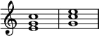 
{
\override Score.TimeSignature #'stencil = ##f
\relative c' {
   \clef treble
   \time 4/4
   \key c \major
   <e g c>1
   <g c e>
} }
