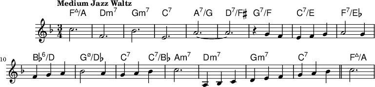 
\version "2.22.0"

\header { tagline = "" }

global = {
  \time 3/4
  \key f \major
  \set Score.tempoHideNote = ##t
  \tempo "Medium Jazz Waltz" 4=160
  \set chordChanges = ##t
}

chordNames = \transpose c c, \chordmode {
  \global
  f'2.:maj7/a |
  d:m7 |
  g:m7 |
  c:7 |
  a:7/g |
  d':7/fis |
  g:7/f |
  c':7/e |
  f:7/es |
  bes:6/d |
  g:m7.5-/des |
  c2:7 c4:7/bes |
  a,2.:m7 |
  d:m7 |
  g:m7 |
  c:7 |
  f':maj7/a
}

melody = \relative c'' {
  c2. |
  f, |
  bes |
  e, |
  a~ |
  a |
  r4 g f |
  e f g |
  a2 g4 |
  f g a |
  bes2 a4 |
  g a bes |
  c2. |
  a,4 bes c |
  d e f |
  g a bes |
  \bar "||"
  c2. |
}

\score {
  <<
    \new ChordNames \chordNames
    \new Staff {
      \global
      \melody
    }
  >>
  \layout { }
}

\score {
  \unfoldRepeats
  <<
    \new ChordNames \chordNames
    \new Staff {
      \global
      \melody
    }
  >>
  \midi { }
}
