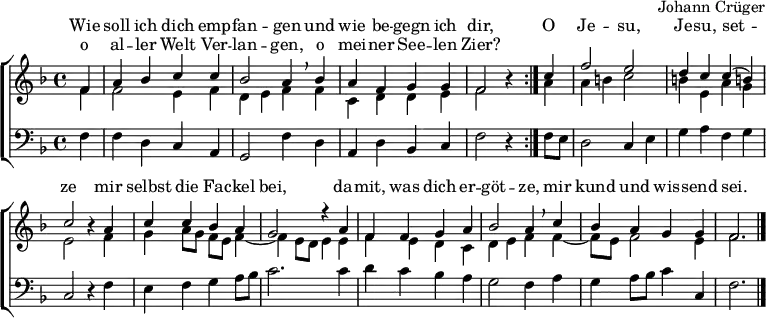 \header { tagline = ##f composer = "Johann Crüger" }
\paper { #(set-paper-size "a4") }
\layout { indent = 0
\context { \Score \remove "Bar_number_engraver" }
\context { \Voice \remove "Dynamic_engraver" }
}
global = { \key f \major \time 4/4 \partial 4 }
soprano = \relative c' { \global \set midiInstrument = "oboe"
\repeat volta 2 { f4\f | a bes c c | bes2 a4 \breathe bes | a f g g | f2 r4 }
c'4 | f2 e | d4 c c (b!) | c2 r4 a | c c bes a | g2 r4
a | f f g a | bes2 a4 \breathe c | bes a g g | f2. \bar "|."
}
alto = \relative c' { \global \set midiInstrument = "english horn"
\repeat volta 2 { f4\p | f2 e4 f | d e f f | c d d e f2 r4 }
a4 | a b c2 | b4 e, a g e2 r4 f | g a8 g f e f4~ | f e8 d e4
e | f e d c | d e f f~ | f8 e f2 e4 | f2. \bar "|."
}
tenor = \relative c { \global \set midiInstrument = "bassoon"
\repeat volta 2 { f4\f | f d c a | g2 f'4 d | a d bes c | f2 r4 }
f8 e | d2 c4 e | g a f g | c,2 r4 f4 | e f g a8 bes | c2.
c4 d c bes a | g2 f4 a | g a8 bes c4 c, | f2. \bar "|."
}
verse = \lyricmode {
<< { Wie soll ich dich emp -- fan -- gen
und wie be -- gegn ich dir, }
\new Lyrics \with { alignAboveContext = "right" } { o al -- ler Welt Ver -- lan -- gen,
o mei -- ner See -- len Zier? } >>
O Je -- su, Je -- su, set -- ze
mir selbst die Fa -- ckel bei,
da -- mit, was dich er -- göt -- ze,
mir kund und wis -- send sei.
}
\score {
\new ChoirStaff
<<
\new Staff = "right" \with { \consists "Merge_rests_engraver" }
% \choirPart
<<
\new Voice = "soprano" { \voiceOne \soprano }
\new Voice = "alto" { \voiceTwo \alto }
>>
\new Lyrics \with { alignAboveContext = "right" }
\lyricsto "soprano" \verse
\new Staff
<<
\clef bass
\new Voice = "tenor" { \tenor }
>>
>>
\layout { }
}
\score { \unfoldRepeats << \soprano \\ \alto \\ \tenor >>
\midi { \tempo 4=108
\context { \Score midiChannelMapping = #'instrument }
\context { \Staff \remove "Staff_performer" }
\context { \Voice \consists "Staff_performer" }
}
}