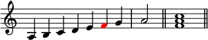 
{
\override Score.TimeSignature #'stencil = ##f
\relative a {
  \clef treble
  \time 7/4 a4 b c d e \once \override NoteHead.color = #red f g \time 2/4 a2 \bar "||"
  \time 4/4 <f a c>1 \bar "||"
} }
