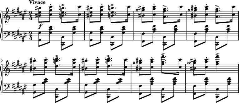 \relative c {
\new PianoStaff <<
\new Staff {
\key fis \major
\time 2/4
\set Score.tempoHideNote = ##t
\tempo "Vivace" 4 = 140
\relative c'' {
<bis eis bis'>8-. <cis gis' cis>-. <b eis b'>8.-> <cis cis'>16 |
<bis eis bis'>8-. <cis gis' cis>-. <b eis b'>8.-> <cis cis'>16 |
<bis gisis' bis>8-. <cis ais' cis>-. <ais fis' ais>8.-> <cis cis'>16 |
<bis gisis' bis>8-. <cis ais' cis>-. <ais fis' ais>8.-> <cis cis'>16 |
<bis bis'>8-. <cis gis' cis>-. <dis b' dis>8.-> <cis gis' cis>16 |
<bis bis'>8-. <cis gis' cis>-. <dis b' dis>8.-> <cis cis'>16 |
<bis gisis' bis>8-. <cis ais' cis>-. <fis ais fis'>8.-> <cis cis'>16 |
<bis gisis' bis>8-. <cis ais' cis>-. <fis ais fis'>4-> |
}
}
\new Dynamics {
s4\f
}
\new Staff {
\key fis \major
\time 2/4
\clef bass
\relative c {
<gis gis'>8 <gis' cis eis> <cis, cis,> <gis' cis eis> |
<gis, gis'>8 <gis' cis eis> <cis, cis,> <gis' cis eis> |
<fis, fis'>8 <ais' cis fis> <cis, cis,> <ais' cis fis> |
<fis, fis'>8 <ais' cis fis> <cis, cis,> <ais' cis fis> |
<gis, gis'>8 <b' cis eis> <cis, cis,> <b' cis eis> |
<gis, gis'>8 <b' cis eis> <cis, cis,> <b' cis eis> |
<fis, fis'>8 <ais' cis fis> <cis, cis,> <ais' cis fis> |
<fis, fis'>8 <ais' cis fis> <cis, cis,> <ais' cis fis> |
}
}
>>
}