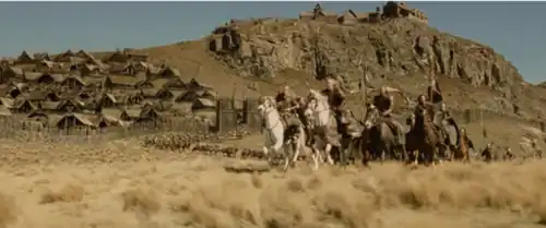 Riders departing from the Rohan fortress of Edoras