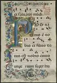Leaf from a Gradual: Initial P with the Nativity; 1495; ink, tempera and gold on vellum; each leaf: 598 × 41&nbsp;mm; Cleveland Museum of Art
