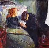 Edvard Munch, The Sick Child, 1907. 3rd in the series.[9] Oil on canvas, 118&nbsp;cm (46&nbsp;in) x 120&nbsp;cm (47&nbsp;in). Thiel Gallery, Stockholm.
