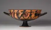 Ancient Greek kylix; 575-550 BC; black-figure; diameter: 26.8&nbsp;cm, overall: 14.1&nbsp;cm