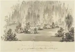 A drawing of the interior of a cavern with stalactite-like projections hanging from the roof