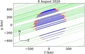 Máni's projected shape revealed by the many positive detection chords from the 8 August 2020 occultation (blue with red error bars). A massive topographic peak and depression is visible along Máni's limb in the northeast direction.