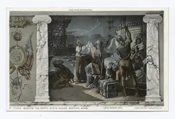 painting showing men dressed as Native Americans throwing boxes off a ship in a harbor